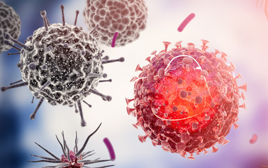 Virus cells or bacteria molecule. Flu, view of a virus under a microscope, infectious disease. Germs, bacteria, cell infected organism. Virus H1N1, Swine Flu, Corona virus. 3d Rendering.