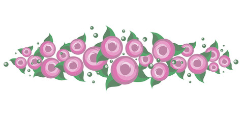 A border with simple pink flowers, leaves and dots, white background, clipart