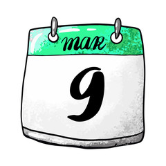 Calendar with the date of March 9 on a white background. Holiday International DJ Day. Vector stock illustration.