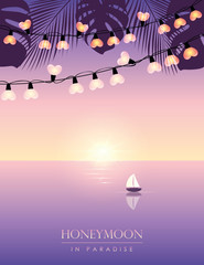 honeymoon in paradise sail boat on the sea at sunrise with fairy light vector illustration EPS10