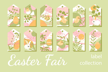 Collection of tags for Easter gifts or sales and fair with cute chickens, rabbits, eggs and plants.