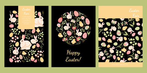 Easter fair banners. Set of cards for Easter with cute bunnies, chickens, painted eggs and flowers.