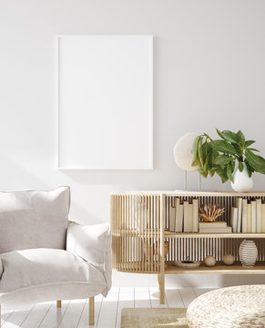 Mock up frame in home interior background, Scandinavian style, 3d render