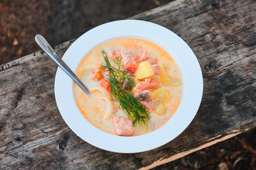 Traditional Finnish fish soup with salmon 