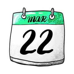 Calendar with the date March 22 on a white background. Holiday Mother's Day in the UK, Baltic Sea Day, World Water Day. Vector stock illustration.