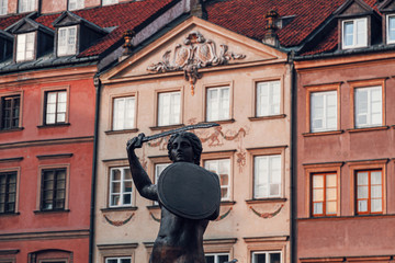 The Statue of Mermaid of Warsaw, Polish Syrenka Warszawska, a symbol of Warsaw in the old town of capital city. This statue is located in the center of the Market Square.