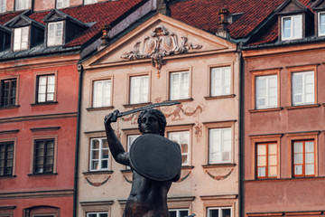 The Statue of Mermaid of Warsaw, Polish Syrenka Warszawska, a symbol of Warsaw in the old town of capital city. This statue is located in the center of the Market Square. © Bartek