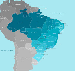 Fototapeta na wymiar Vector modern illustration. Simplified geographical map of Brazil and nearest states. Blue background of oceans. Names of Brazilian cities (Brasília, São Paulo and etc.) and provinces.