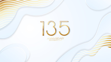 135th anniversary celebration. Golden number with realistic fluid white background. Realistic 3D sign modern elegant can be used for a company or wedding. editable design vector EPS 10.