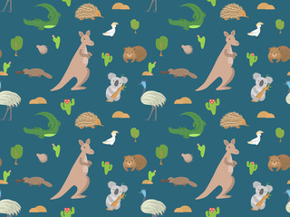 Australian animals vector background. Cute seamless pattern with: kangaroo, koala, kiwis, apteryx, echidna, wombat, emu, cockatoo, platypus, alligator. Childish background © Maria