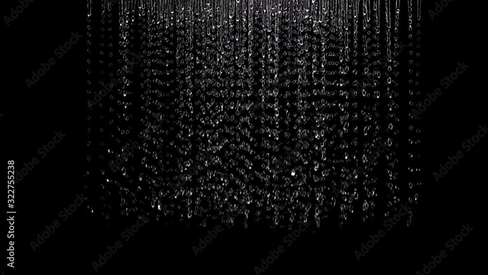 Poster close up slow motion flowing rain shower. 3d animation with alpha matte. 4k