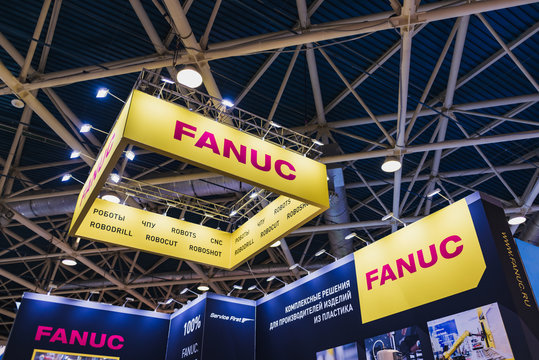 Moscow, Russia - January 28-31, 2020: International specialized exhibition of plastics and rubbers. Expo products manufacturing and recycling: company Fanuc