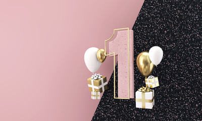 Happy 1st birthday party celebration. Modern marble composition 3D Render