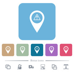 GPS map location warning flat icons on color rounded square backgrounds