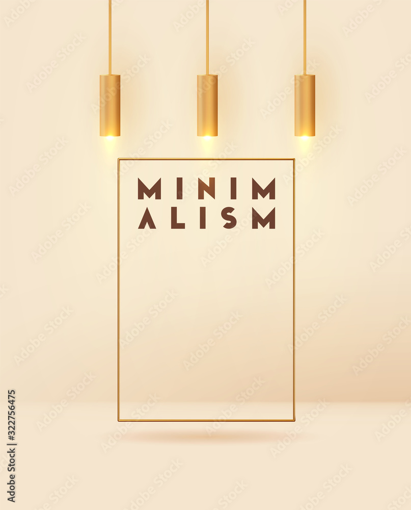 Poster pendant lamp realistic metallic color. minimal beige background with frame and hanging ceiling lamps