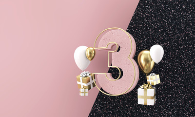 Happy 3rd birthday party celebration. Modern marble composition 3D Render