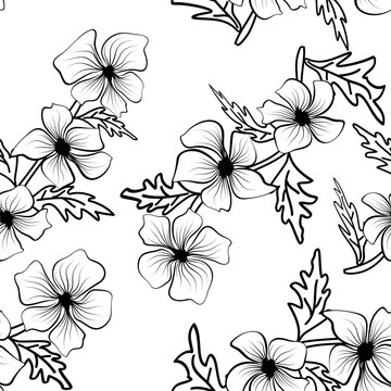 Black outlines of flowers on white background. Floral texture repeat modern pattern. Seamless pattern tile. Modern black outlines of flowers, great design for any purposes.