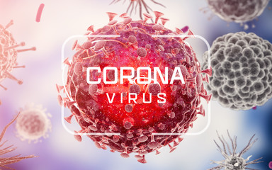 Corona virus. Virus cells or bacteria molecule. Flu, view of a virus under a microscope, infectious disease. Germs, bacteria, cell infected organism. Virus H1N1, Swine Flu. 3d Rendering.