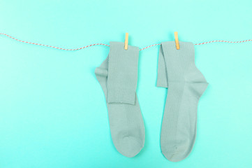 colorful socks on blue   background  - Image
