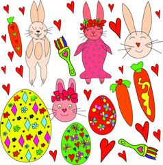 Vector easter set. Set of cartoon rabbits, carrots, decorated eggs, brushes, hearts. Happy easter