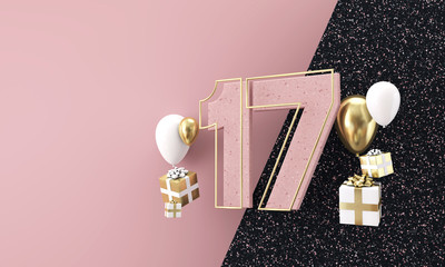 Happy 17th birthday party celebration. Modern marble composition 3D Render