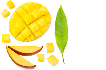 mango slices with green leaves isolated on white background. healthy food. top view