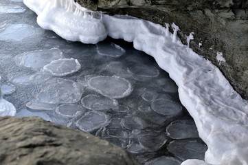 Melting water of frozen Japanese sea with ice. Spring time