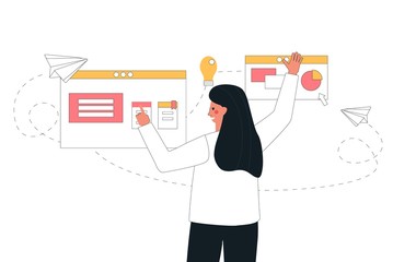 Workflow management business concept vector illustration. Woman shows with hands on presentation, business process in office. Can be use for advertising, web banners, landing pages, presentations.