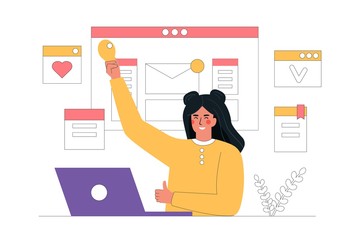 Workflow management business concept vector illustration. Woman shows with hands on presentation, business process in office. Can be use for advertising, web banners, landing pages, presentations.