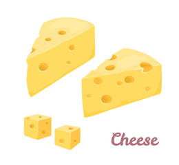 Cheese set. Triangular piece of cheese and cubes isolated on white background. Vector illustration of  dairy product in cartoon flat style.