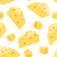 Cheese seamless pattern. Pieces of yellow cheese isolated on a white background. Cubes and triangular pieces of cheese. Vector food illustration in cartoon flat style.