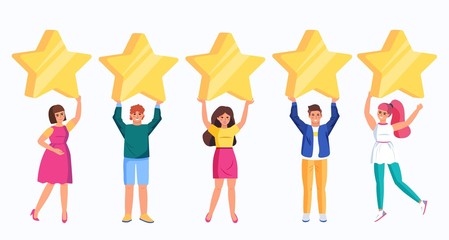 Young people holding five golden stars. Concept customer review evaluation or feedback consumer, satisfaction level, reputation. Colorful Vector Flat cartoon style illustration on white background.