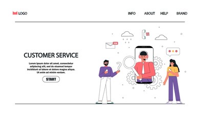 Customer service and advising clients concept illustration for banner, landing page, mobile app, web design. Concept vector illustration for 24/7 chat, call center, support, feedback, assistance.