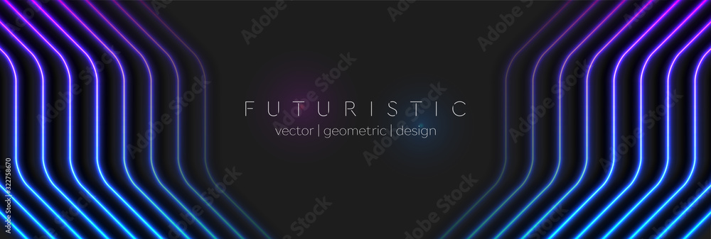 Wall mural abstract black technology background with neon glowing light lines. futuristic geometry vector banne