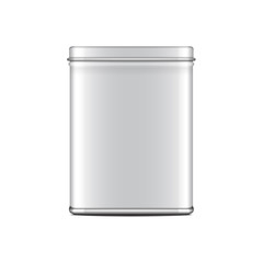 Rectangular white gloss tin can. Container for coffee, tea, sugar, sweet, spice. Vector realistic illustration packaging