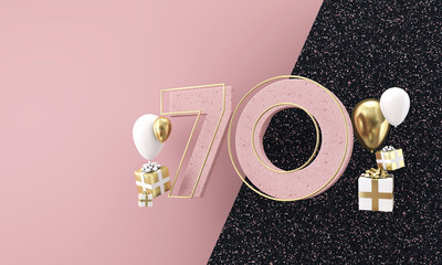 Happy 70th birthday party celebration. Modern marble composition 3D Render