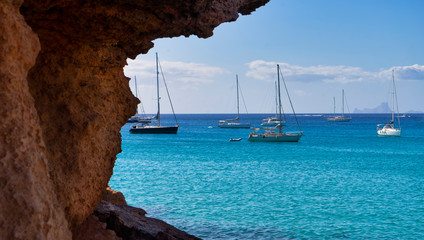 sailing boats in sea cala Saona at Formentera Island Spain