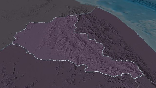 Anseba, region with its capital, zoomed and extruded on the administrative map of Eritrea in the conformal Stereographic projection. Animation 3D