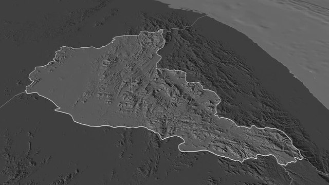 Anseba, region with its capital, zoomed and extruded on the bilevel map of Eritrea in the conformal Stereographic projection. Animation 3D