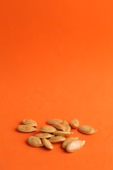 pumpkin seeds on color background