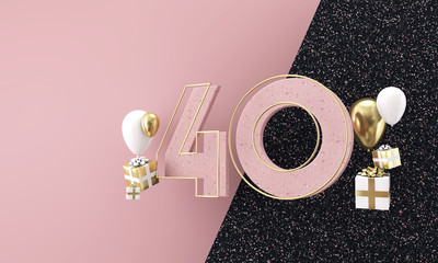 Happy 40th birthday party celebration. Modern marble composition 3D Render