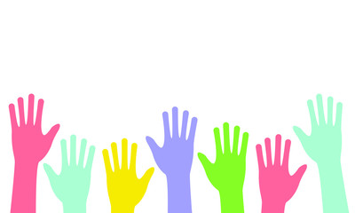 Fototapeta premium Colored hands raised up isolated on a white background. The concept of volunteering, inclusion, diversity. Banner design. Vector stock illustration.