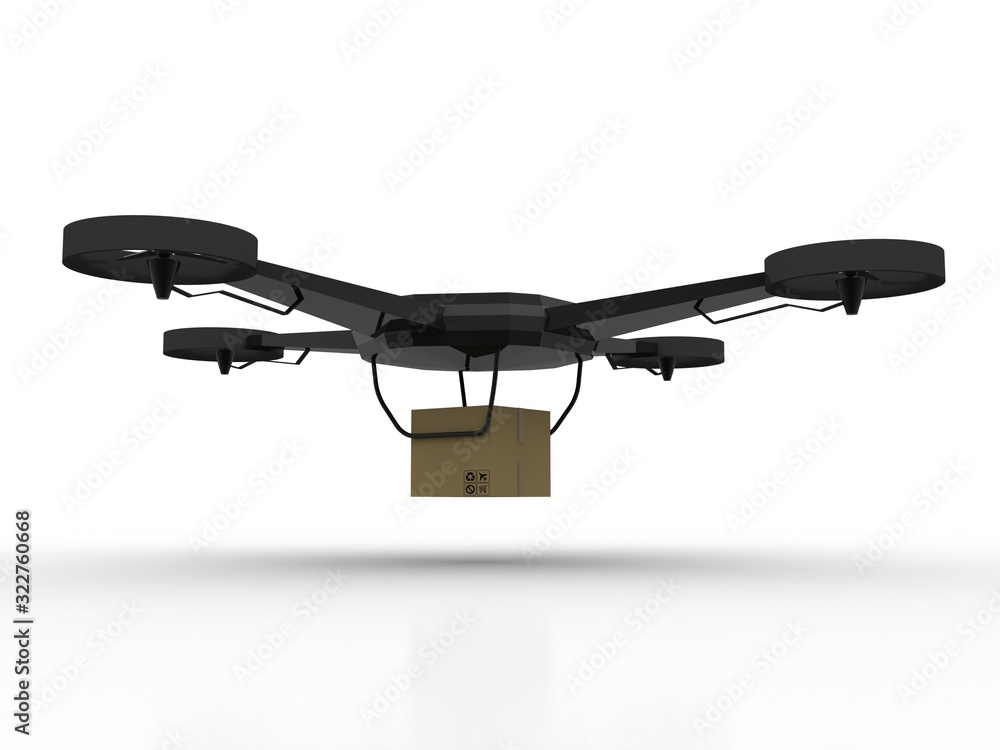 Poster 3d rendering drone or helicam with camera near card box