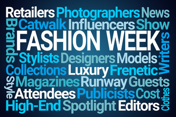 Fashion Week Word Cloud on Blue Background