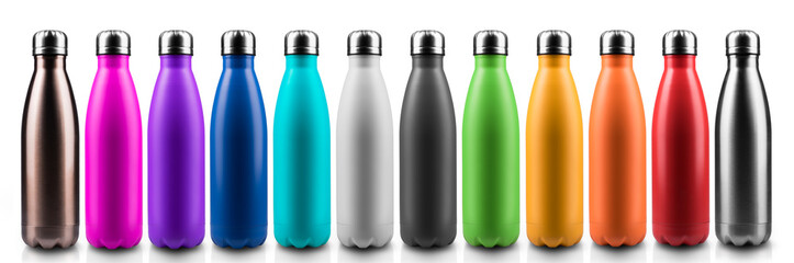 Colorful reusable stainless thermo bottles for water or another liquid with closed cap. Steel eco...