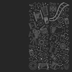 Cinema, video. Doodle set of vector icons. Megaphone, camera, movie. Musical theathre, entertaiment.