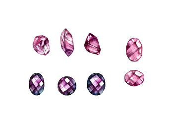 Watercolor gemstones set. Hand painted realistic illustration. Colourful jewel stones and crystals isolated on white. Many different shapes and cuts.