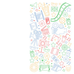 Cinema, video. Doodle set of vector icons. Megaphone, camera, movie. Musical theathre, entertaiment.