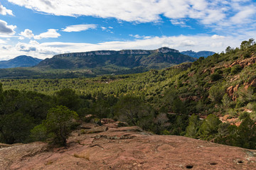 View of the mountains of the Natural Reserve of Lleberia from the Sanctuary of La Mare de Deu of Roca, Mont-roig, Catalonia, Spain