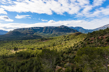 View of the mountains of the Natural Reserve of Lleberia from the Sanctuary of La Mare de Deu of Roca, Mont-roig, Catalonia, Spain
